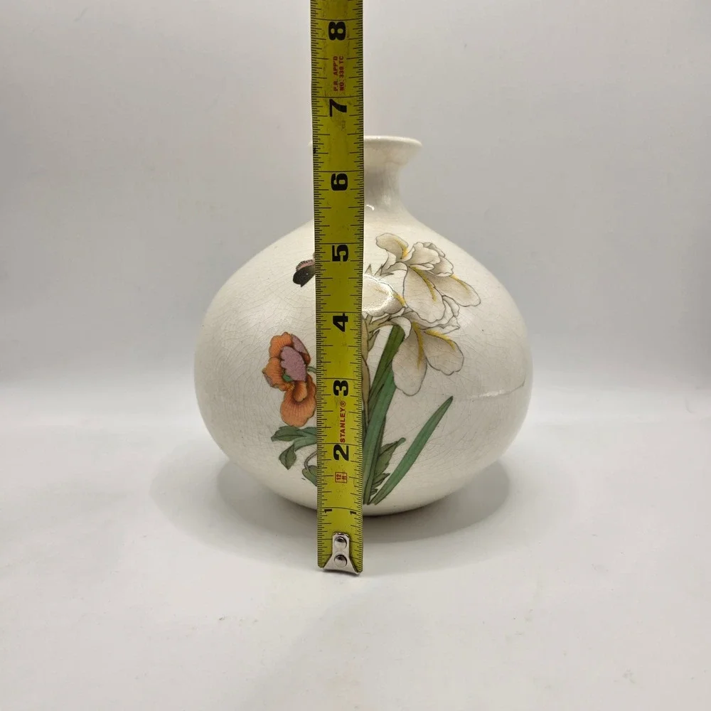Vintage Satsuma Style Crackle Glaze Bud Vase Iris Butterfly Floral Ceramic Japan